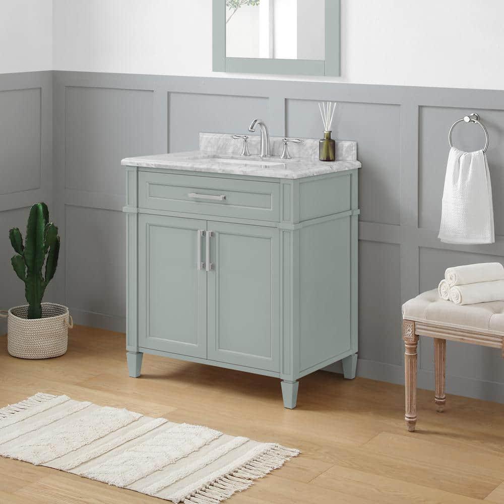 Home Decorators Collection Caville 30 in W x 22 in D x 345 in H Bath Vanity in Sage Green with Carrara Marble Top