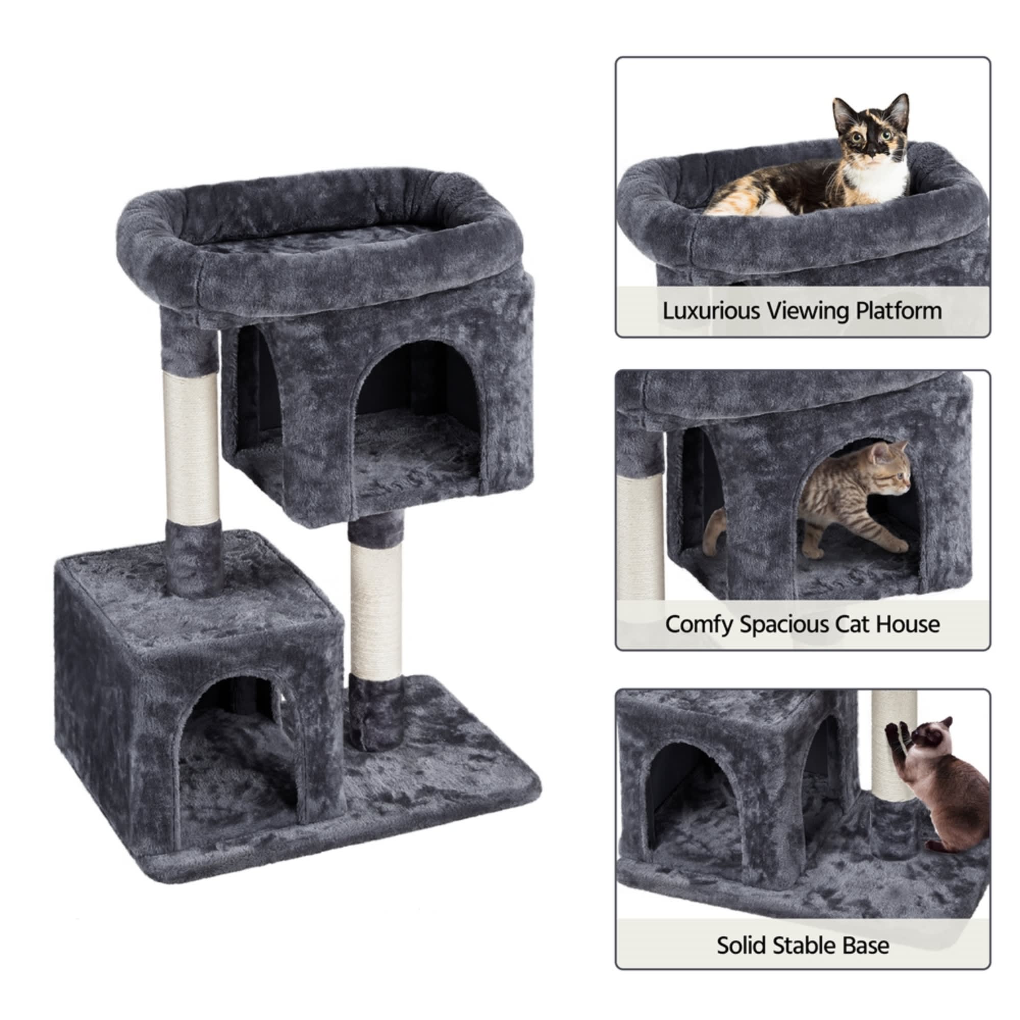 Topeakmart Dark Gray Plush Cat Tree with Two Condos， 33.5