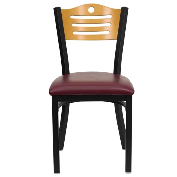 Offex Black Slat Back Metal Restaurant Chair with Natural Wood Back， Burgundy Vinyl Seat - Not Available