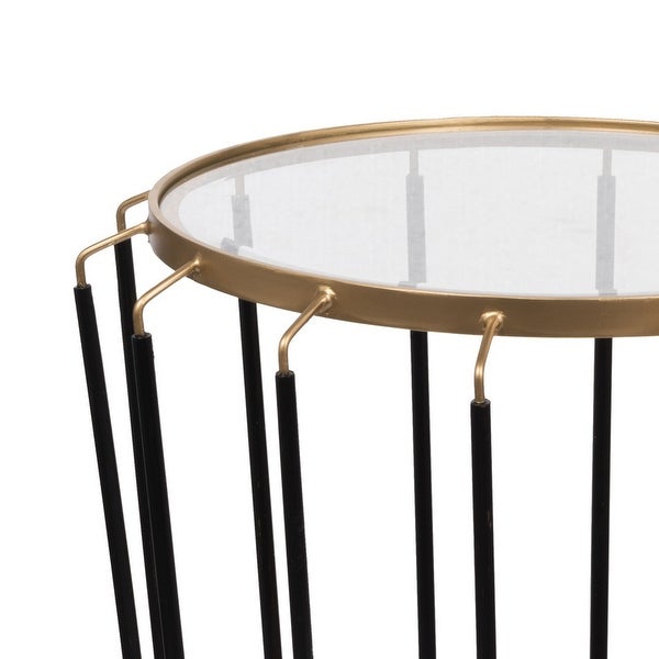 22 Inch Modern Iron Accent End Table， Cage Pattern， Glass Top， Gold， Black