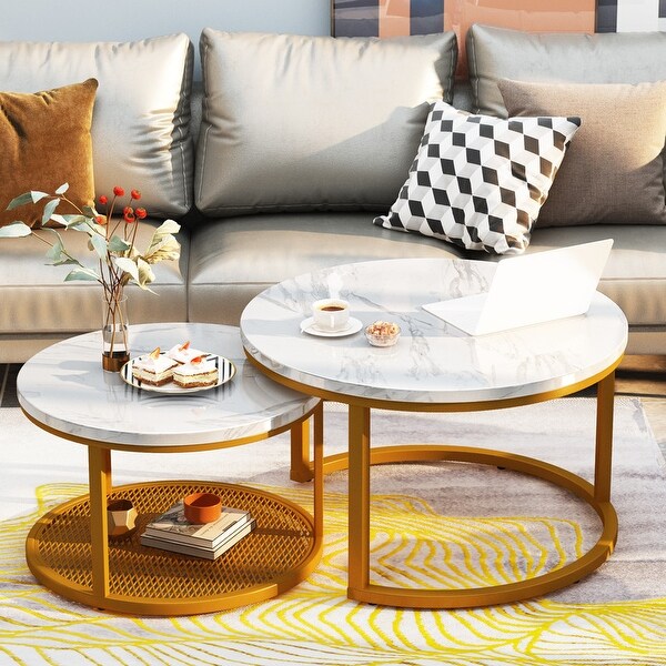 Stylish Round Coffee Table Set Nesting Coffee Tables with Metal Frame and 1 Metal Mesh Shelf (Set of 2)