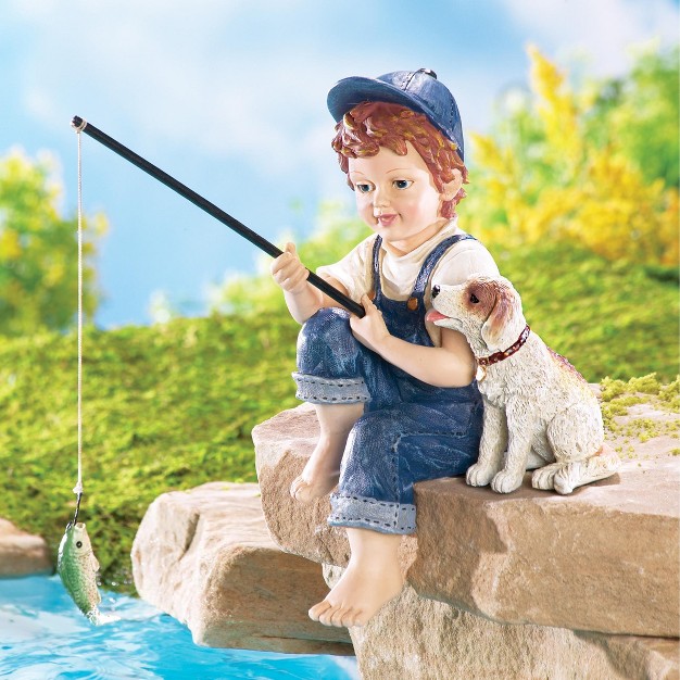 Collections Etc Little Boy Fishing Outdoor Garden Pond Sculpture 5 75 X 8 25 X 10 25 Blue