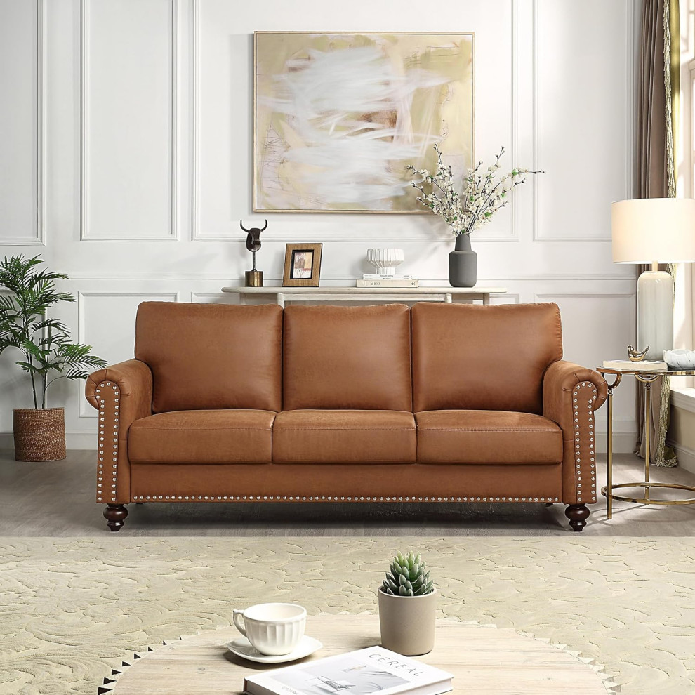 Classic Sofa  Faux Leather Upholstery  ampRolled Arms With Nailhead   Traditional   Sofas   by Decor Love  Houzz