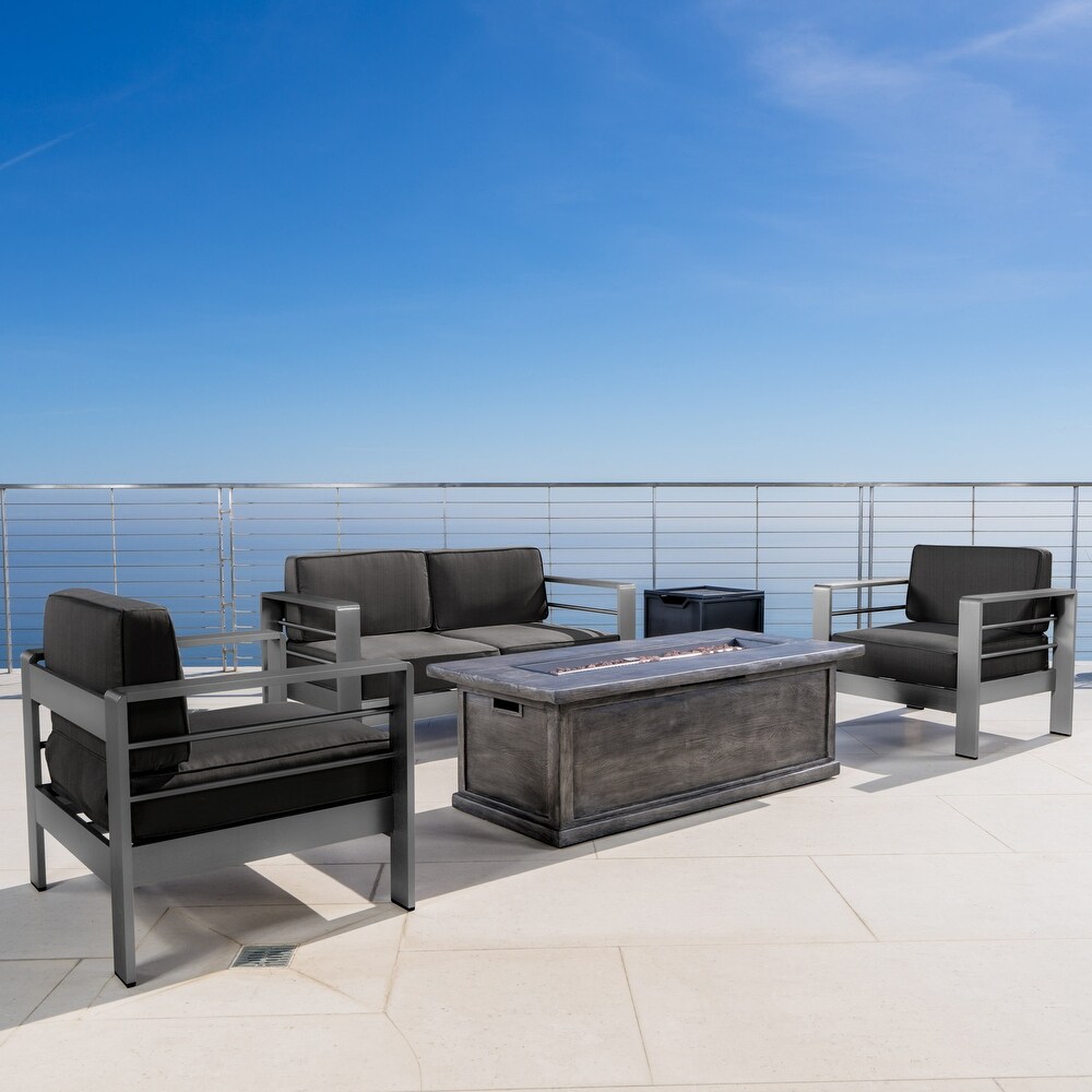 Cape Coral Outdoor Aluminum 5 piece Chat Set with Cushions   Fire Table by Christopher Knight Home