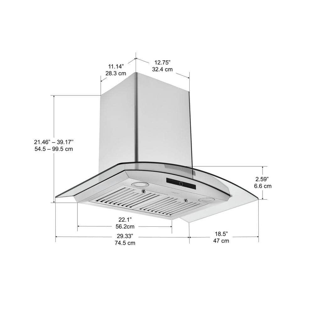 Ancona 30 in 600 CFM Convertible Wall Mounted Glass Canopy Range Hood with LED Lights in Stainless Steel