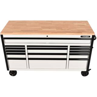 Husky 61 in. W x 23 in. D Heavy-Duty 15-Drawer Mobile Workbench Tool Chest with Solid Wood Top in White H61MWC15GWHD