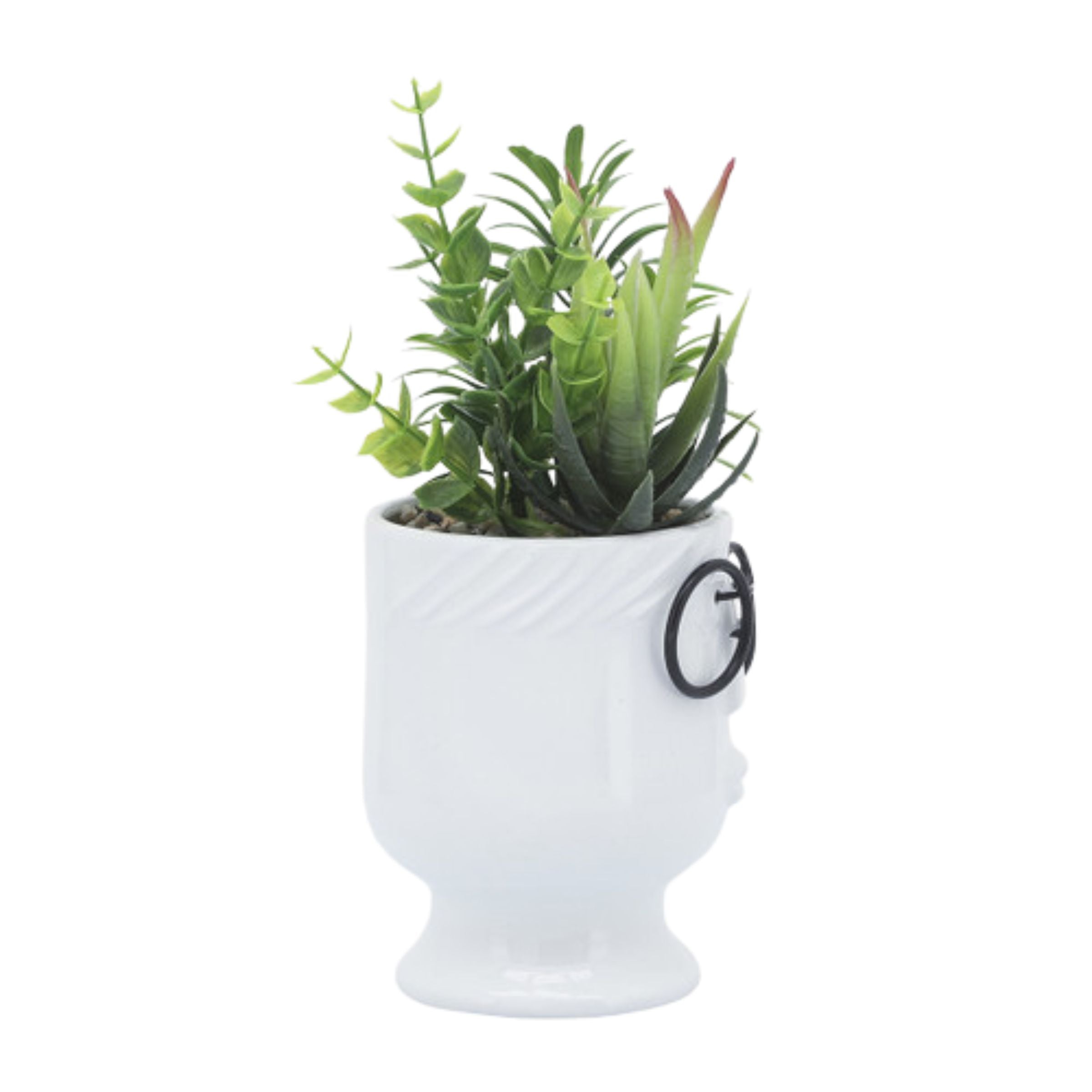 Face Ceramic Planter With Artificial Plants 10 Cm - White 16971-01