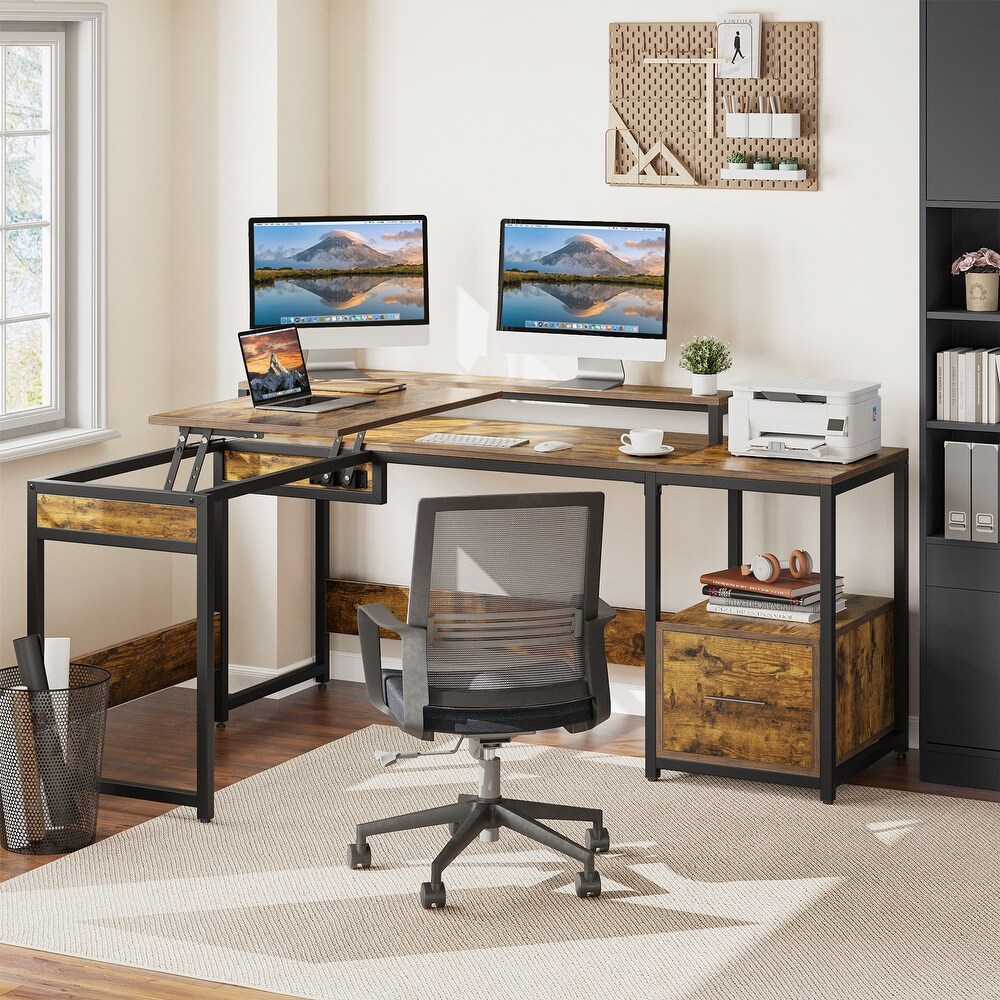 Moasis L Shaped Wood Computer Desk with File Drawer for Home Office