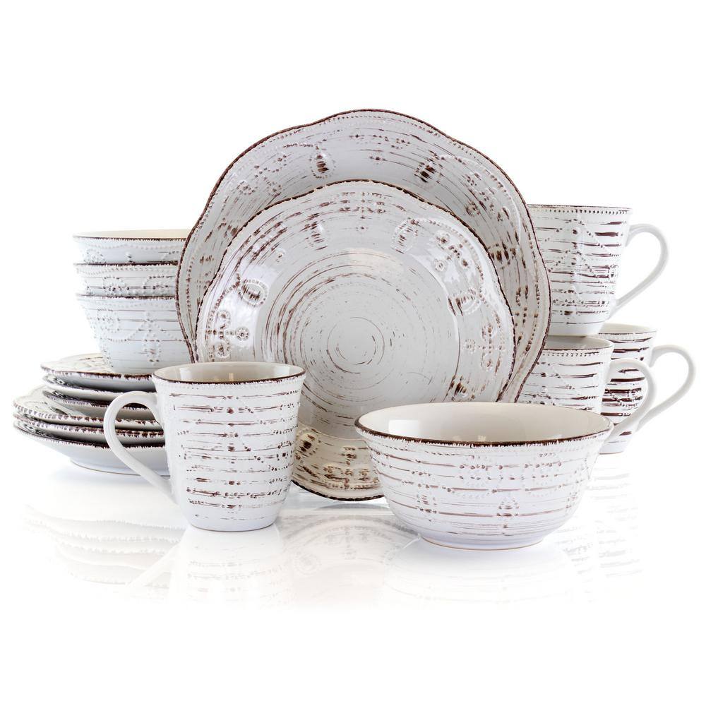 Elama Rustic Birch 16-Piece Casual White Stoneware Dinnerware Set (Service for 4) 985113618M