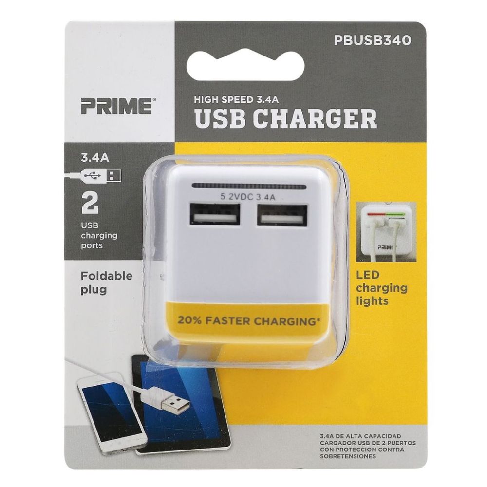 Prime 2 Port USB Travel Charger with Retractable Plug ;