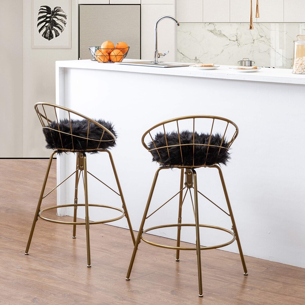 Swivel Bar Stools with with Removable White Faux Fur Metal Counter Bar Chairs Set of 2 24\