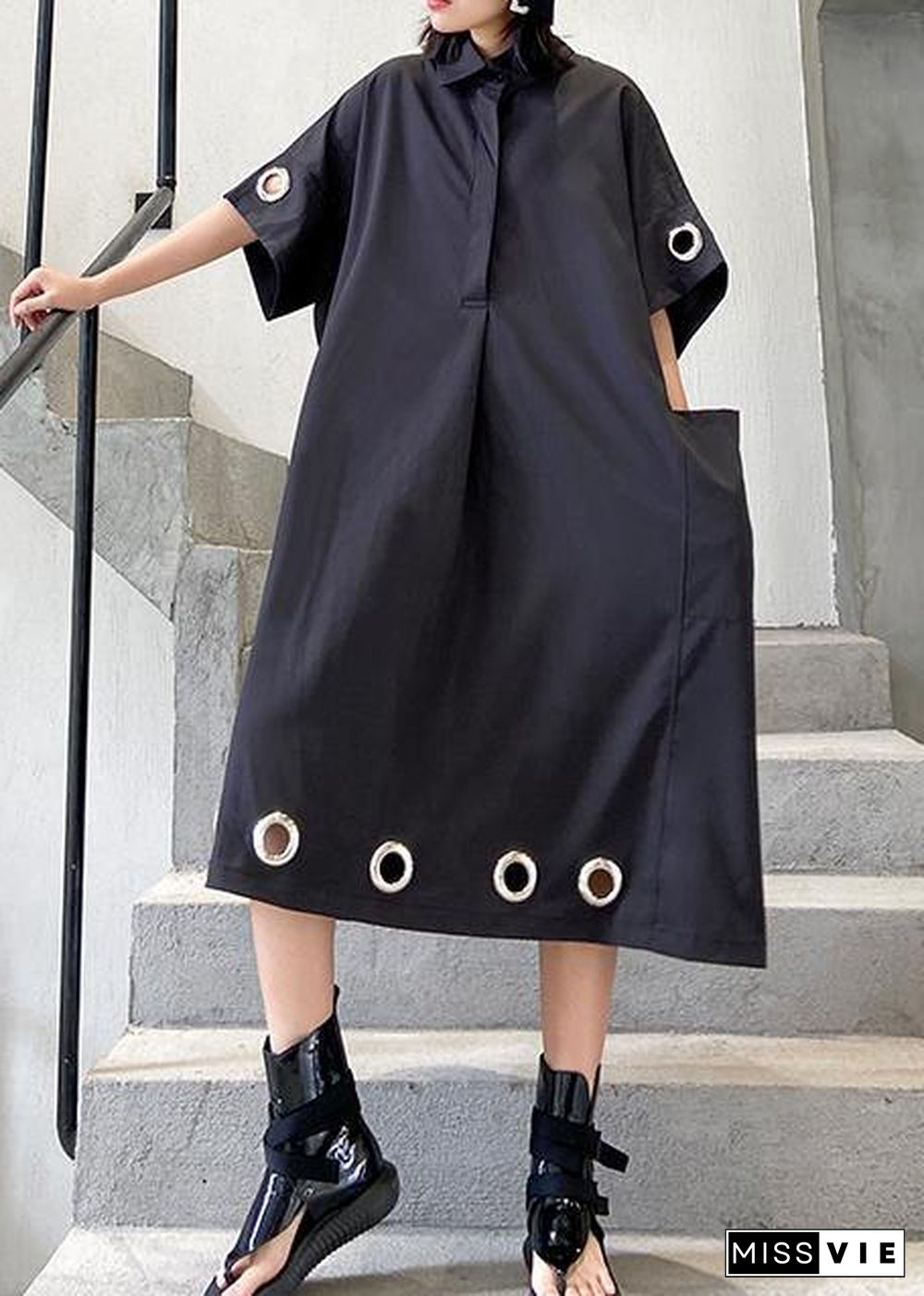 Women black cotton Tunics lapel patchwork Maxi summer Dress