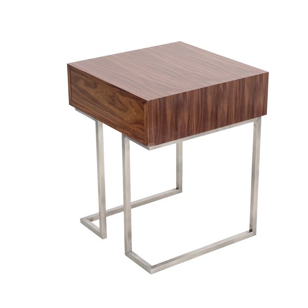 Carson Carrington Siuntio Roman Contemporary Walnut Wood and Stainless Steel End Table with Drawer