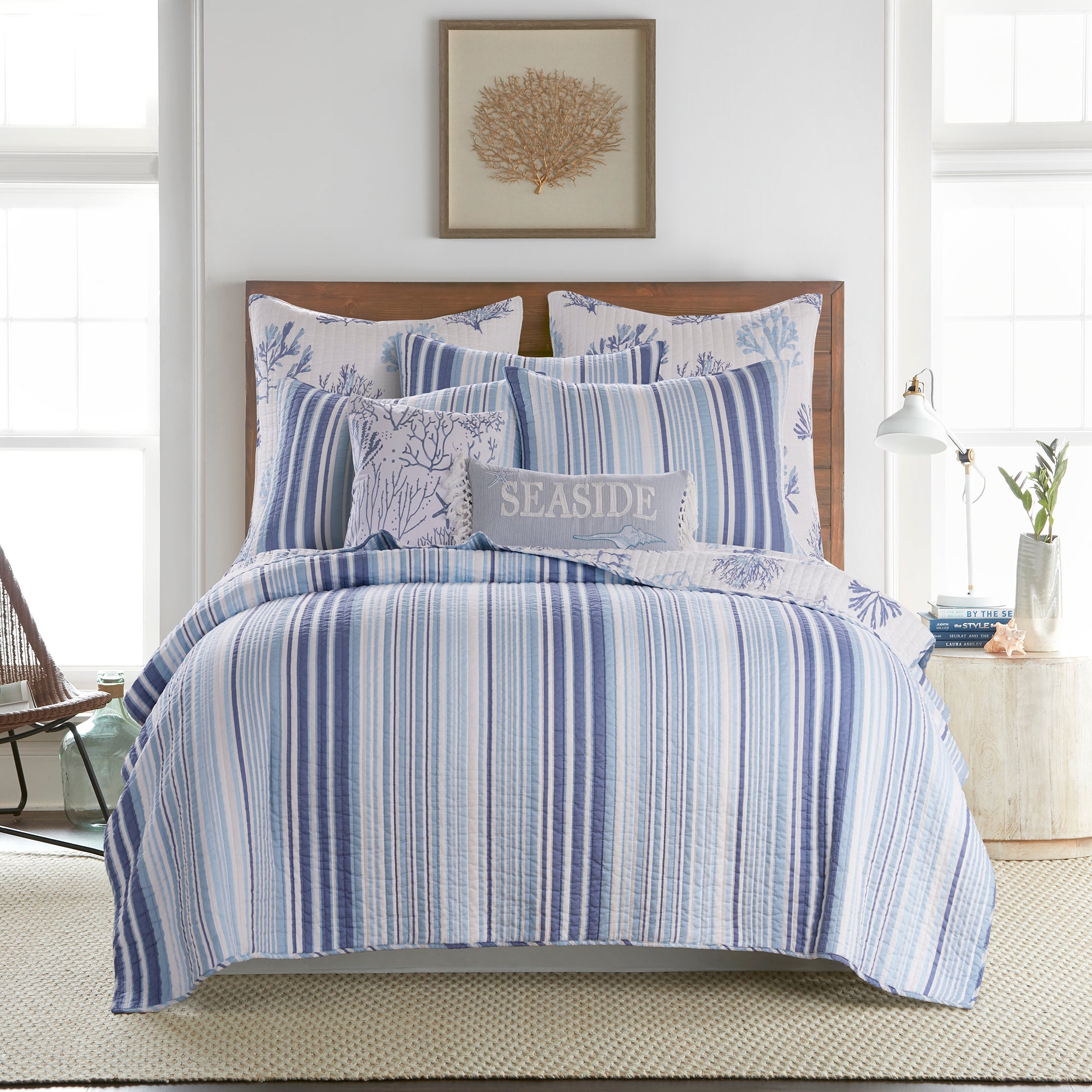 Levtex Home - Zuma Beach Quilt Set - Full/Queen Quilt + Two Standard Pillow Shams - Coastal - Blue and White - Quilt Size (88x92in.) and Pillow Sham Size (26x20in.) - Reversible - Cotton Fabric