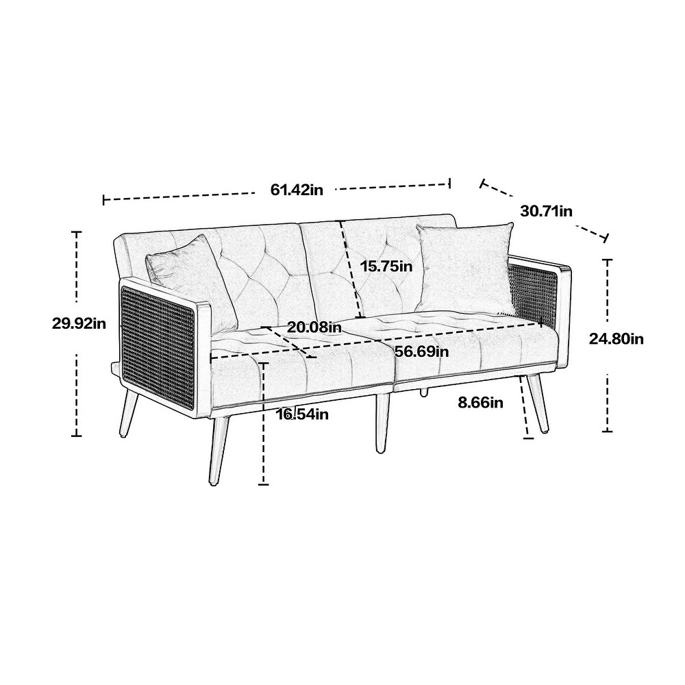 Velvet Convertible Fold Sleep Loveseat w/ Pillows and Rattan Arms Sofa