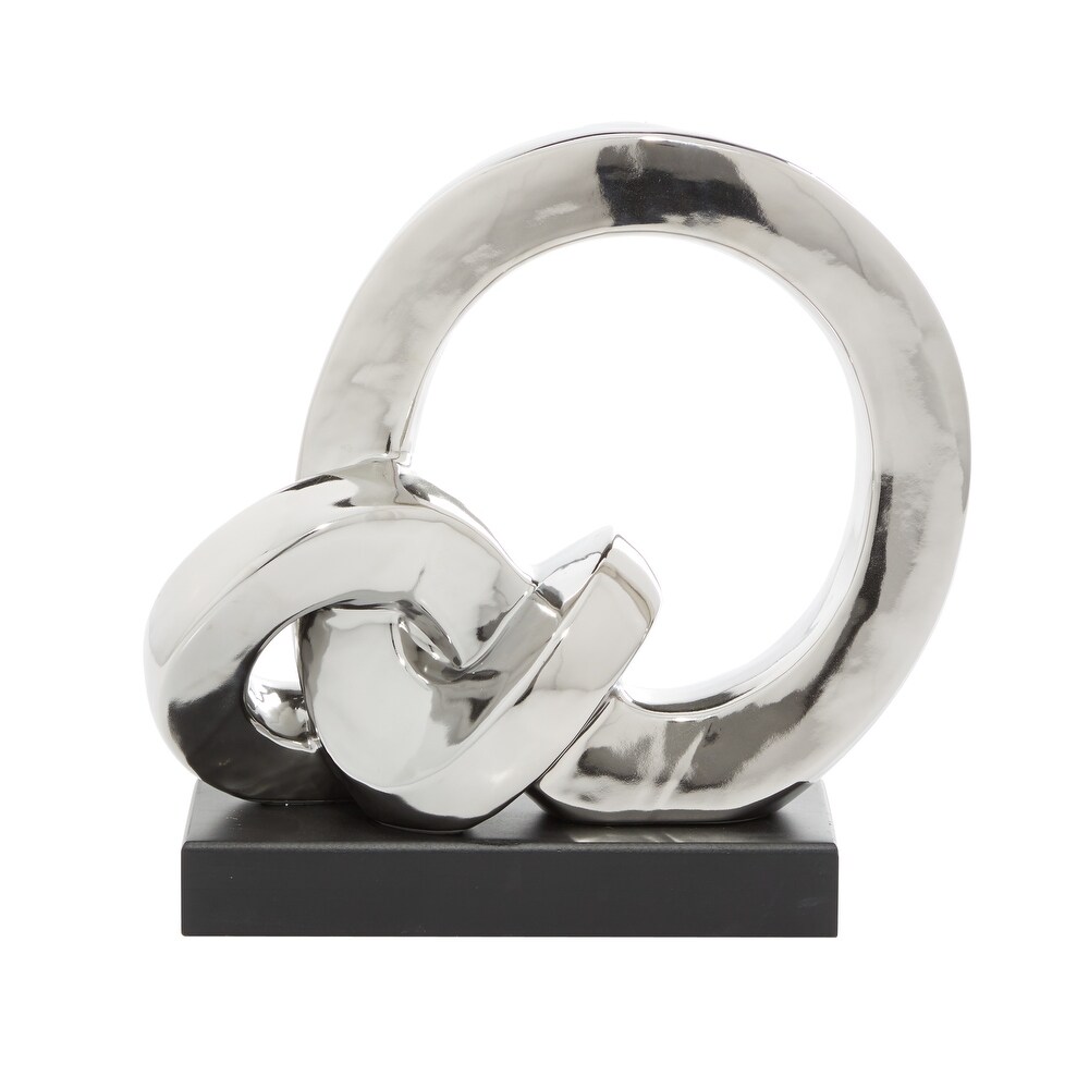 Silver Polystone Link Abstract Sculpture with Black Base   12 x 5 x 12