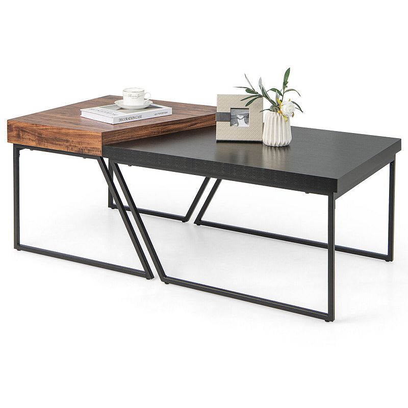 Coffee Table Set of 2 with Powder Coated Metal Legs-Black