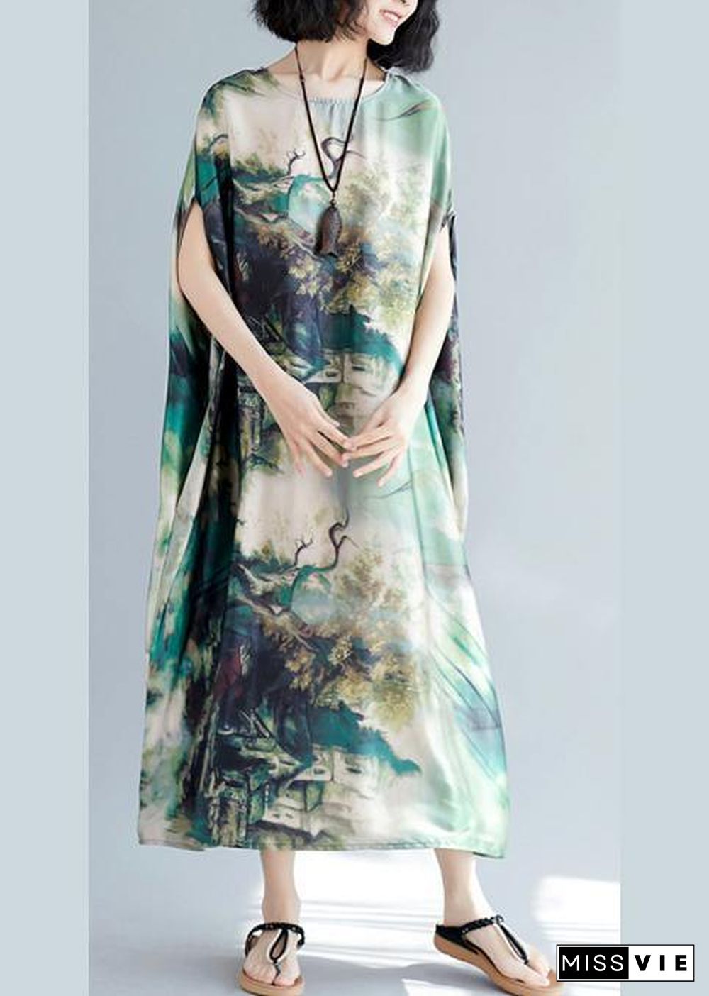 French O Neck Baggy Summer Wardrobes Lnspiration Green Print Robes Dresses