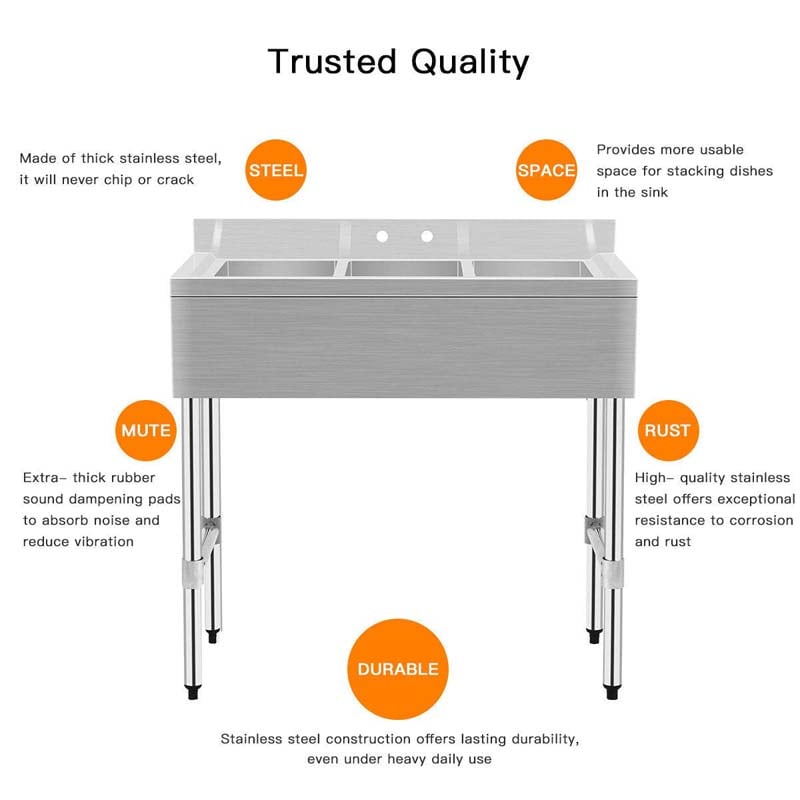 3 Compartment Commercial Stainless Steel Utility Sink, Freestanding Triple Bowl Kitchen Sink with 3 Basket Strainer Drains