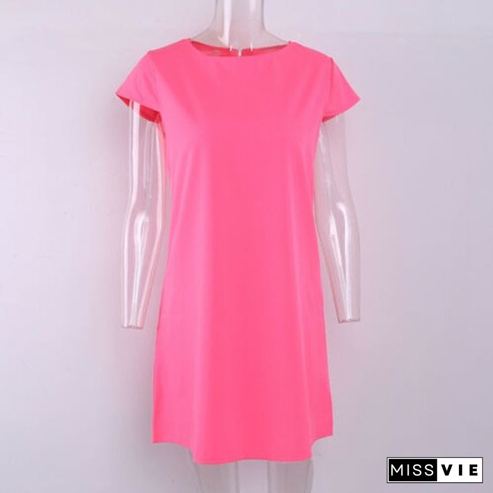 Women's Spring Short Sleeve Loose Mini A-line Candy Color Sweet Dress