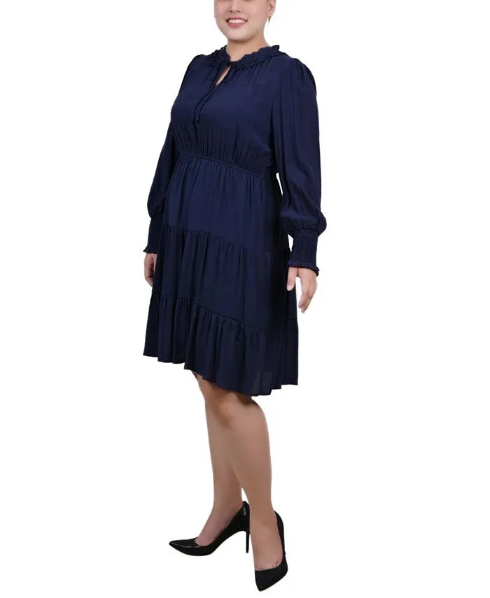 Plus Size Long Sleeve Tiered Dress with Ruffled Neck