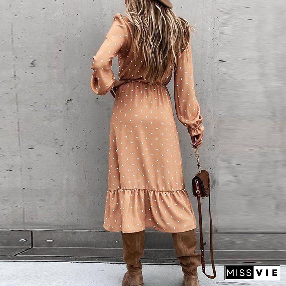 New Winter Autumn Woman Clothes Black V-neck Long Sleeve Dress Polka Dot Printing Slit Dresses Fashion Fall Women Clothing