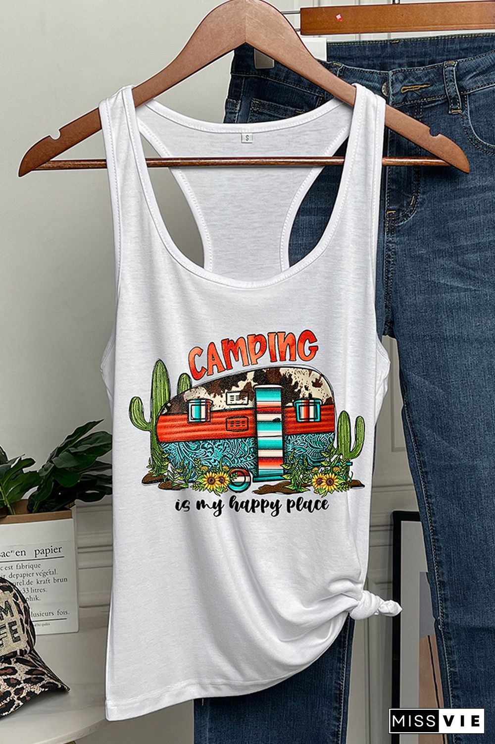 Camping is My Happy Place Printed Sleeveless Tank Top Wholesale