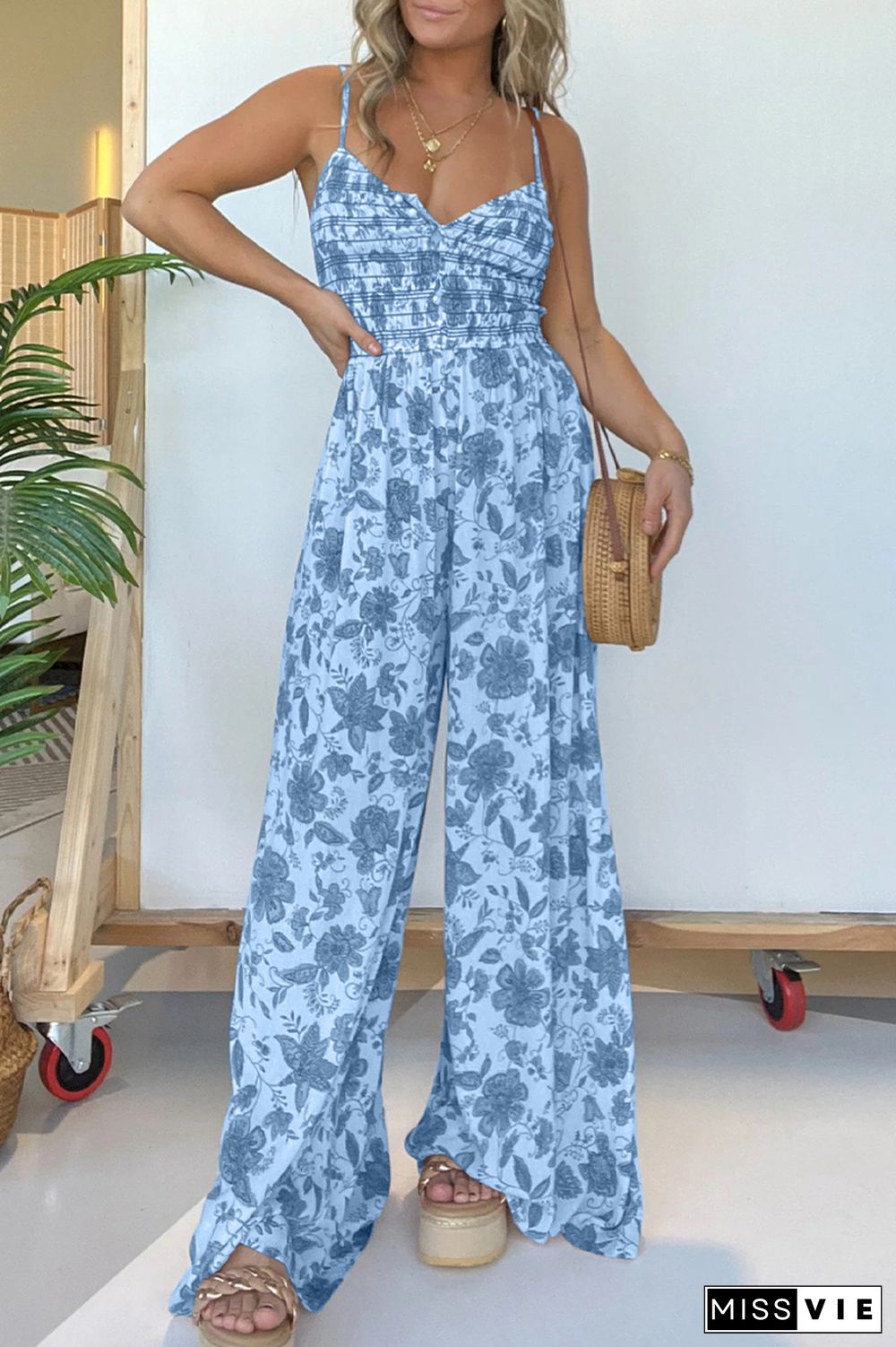 Casual Vintage Print Flowers Fold V Neck Loose Jumpsuits