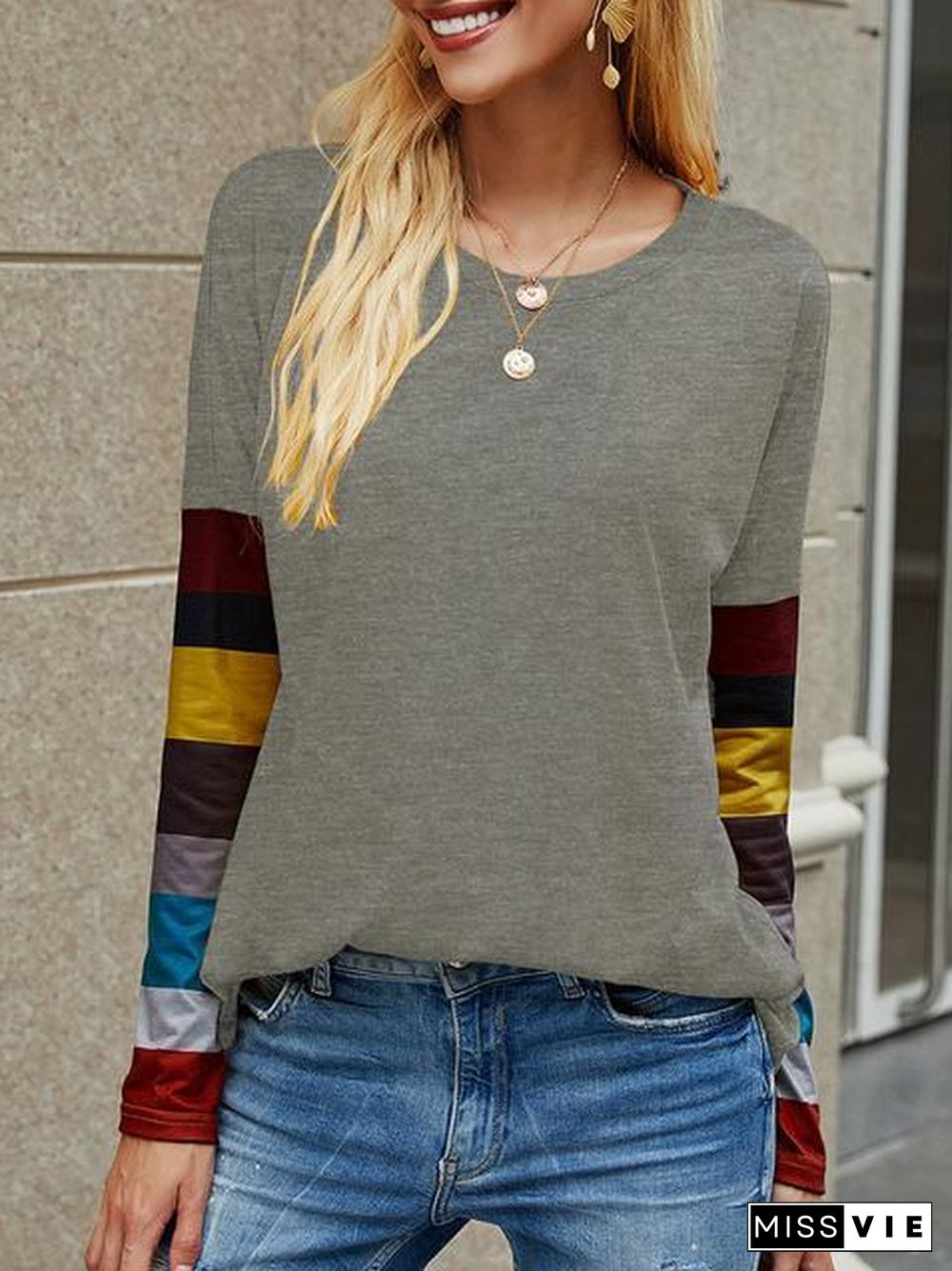 Casual Round Neck Striped Long Sleeve T-Shirt