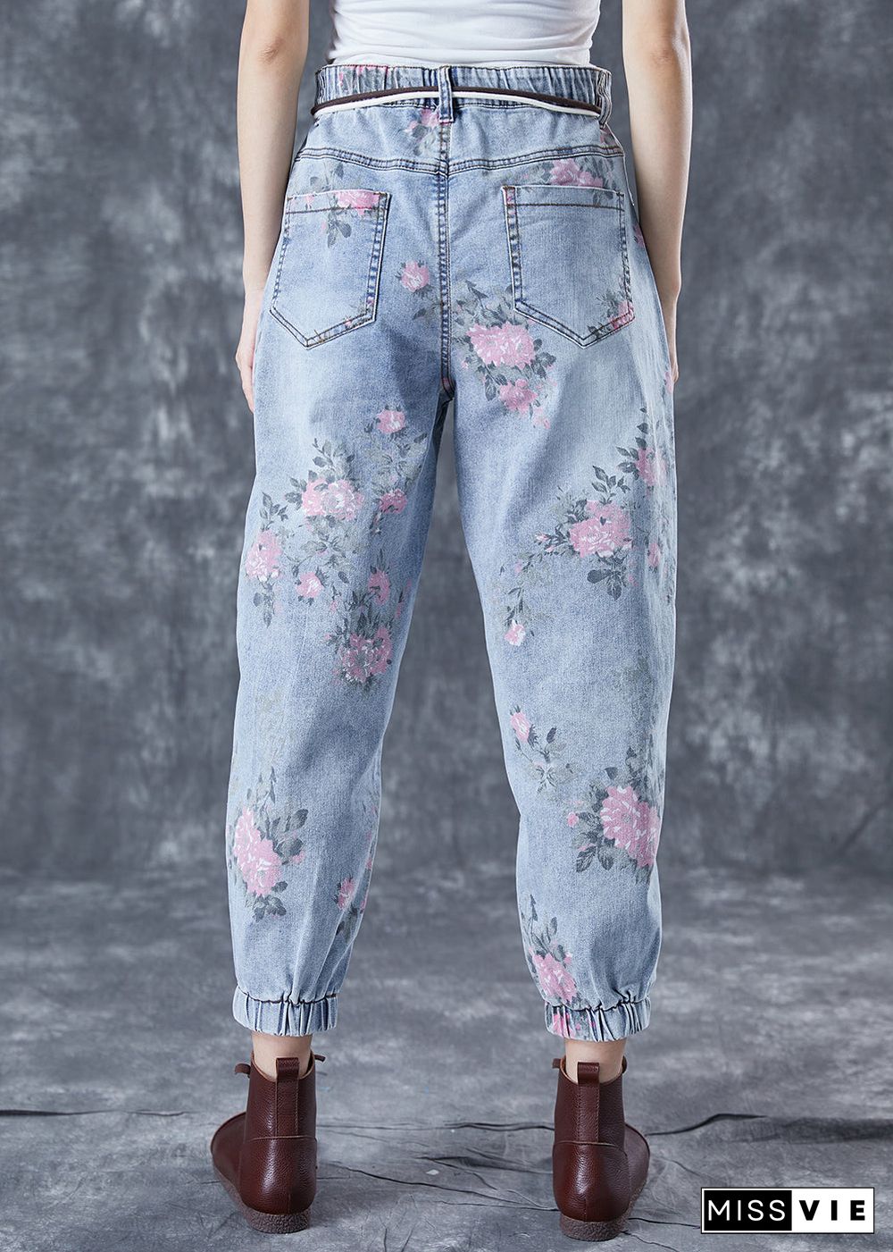 Women Light Blue Elastic Waist Print Denim Harem Pants Summer