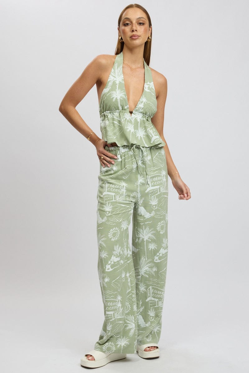 Green Abstract Wide Leg Pants High Rise