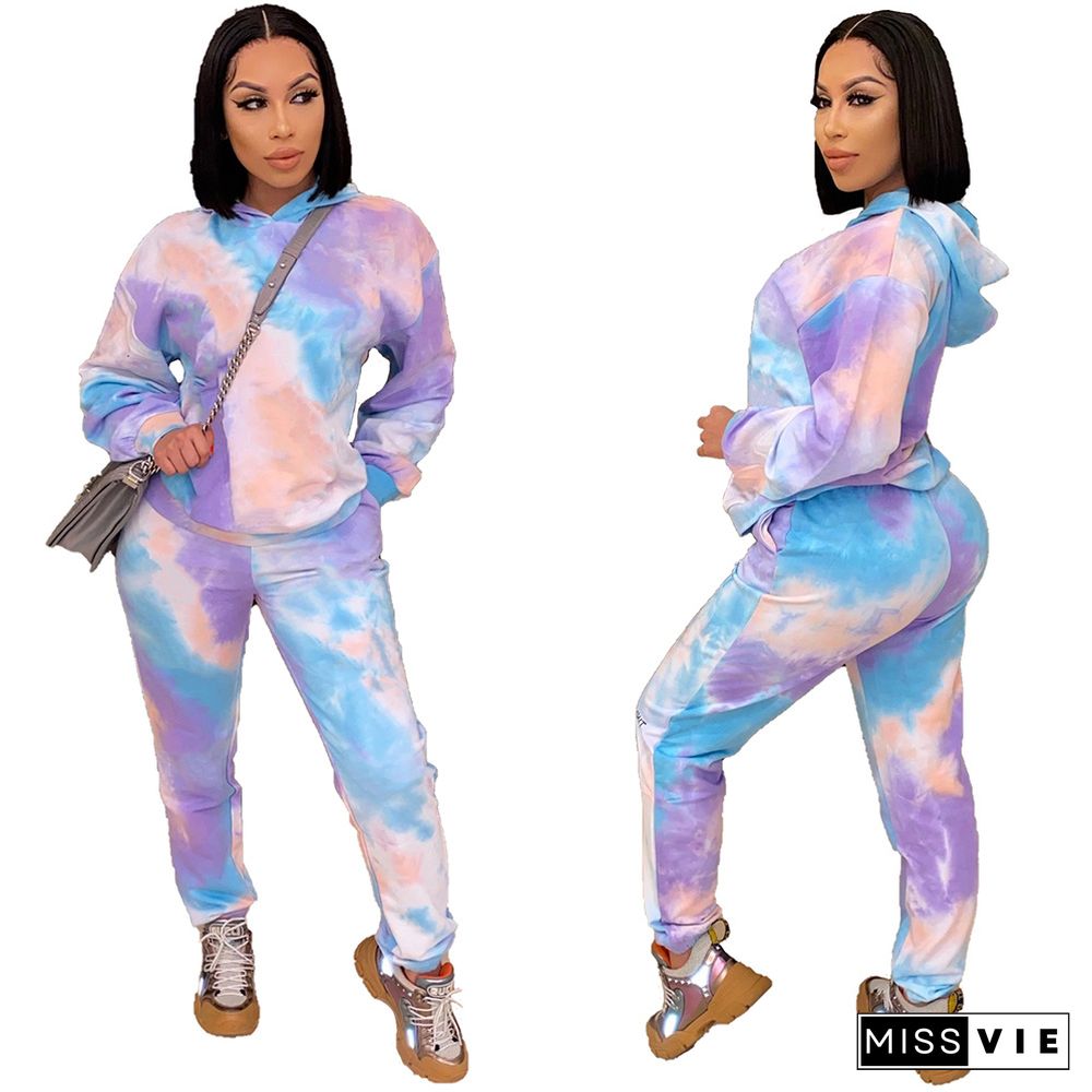 Tie dye Print Slim Hoodies Long Pants Two Piece Outfits