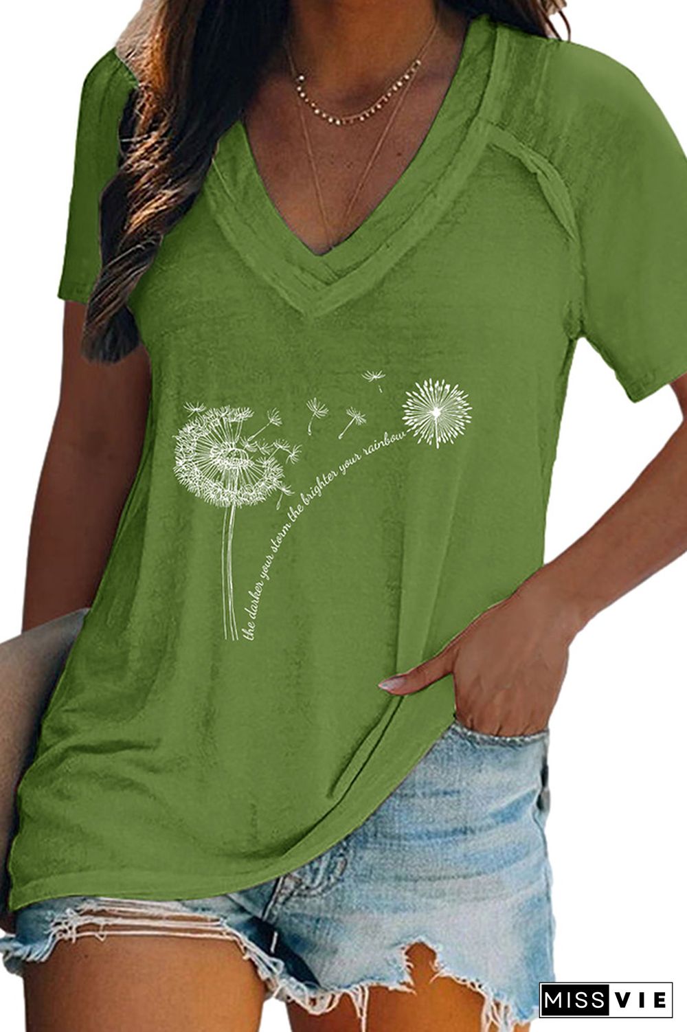 Dandelion Print V Neck Graphic Tee