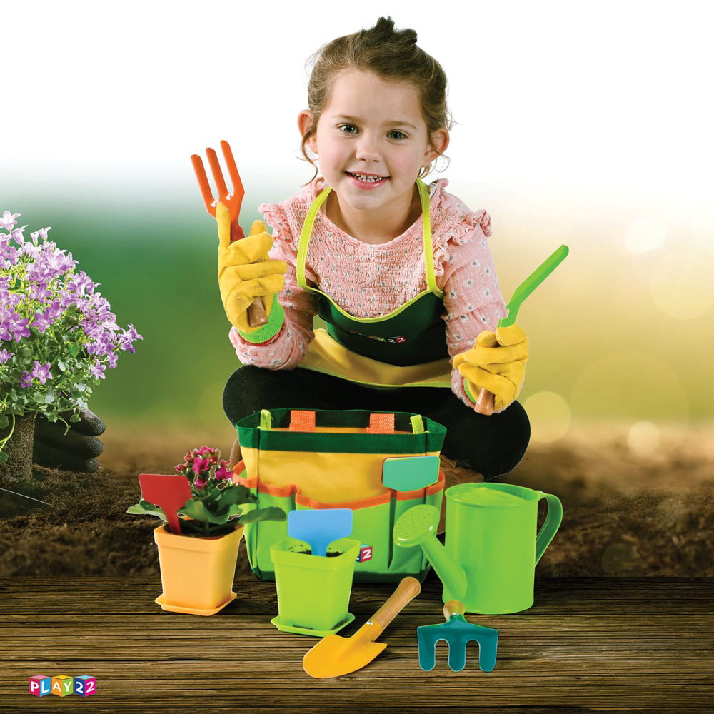 Kids Gardening Tool Set 12 PCS - Includes Shovel, Rake, Fork, Trowel, Apron, Gloves, Watering Can and Tote Bag - Wooden Gardening Tools for Kids - Play22USA