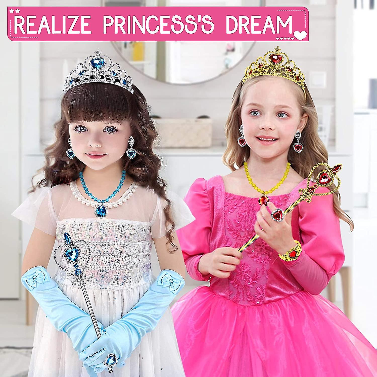 Princess Dress Up Accessories 9 Pcs Princess Jewelry Toys Girl Toys Princess Accessories For Girls Crown Bracelet Ring Earring Necklace Wand Crown Bir