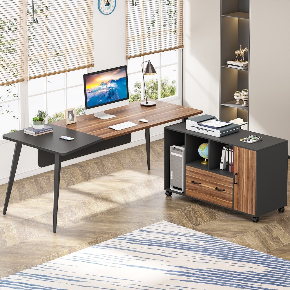 Executive Desk L shape Office Desk with Drawers File Cabinet  L Shaped Computer Desk