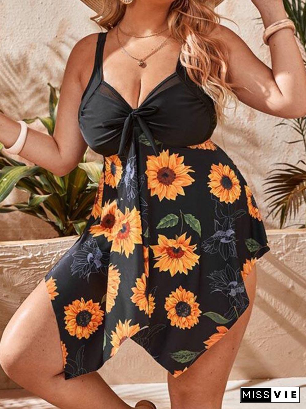 Sunflower Bow Knot Skirt Cover Belly Slim Split Tankini Plus Size