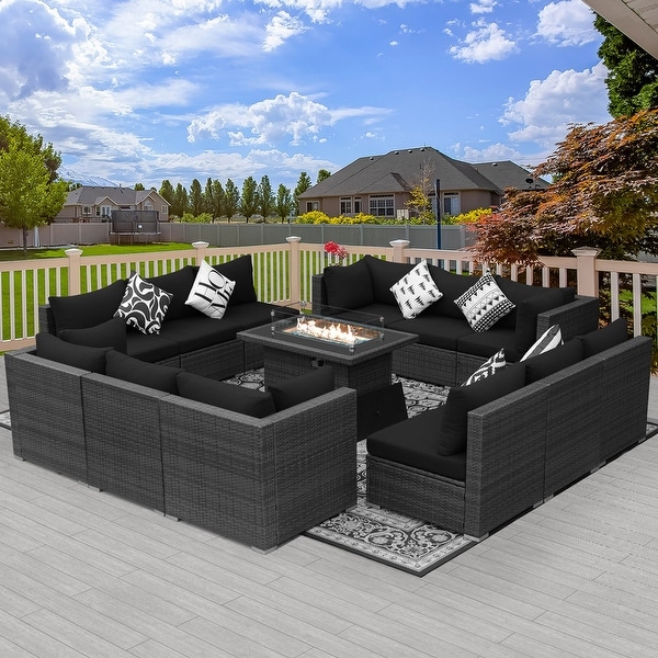 Nicesoul Outdoor Grey Wicker Sectional Furniture Patio Sofa Set with Firepit Table