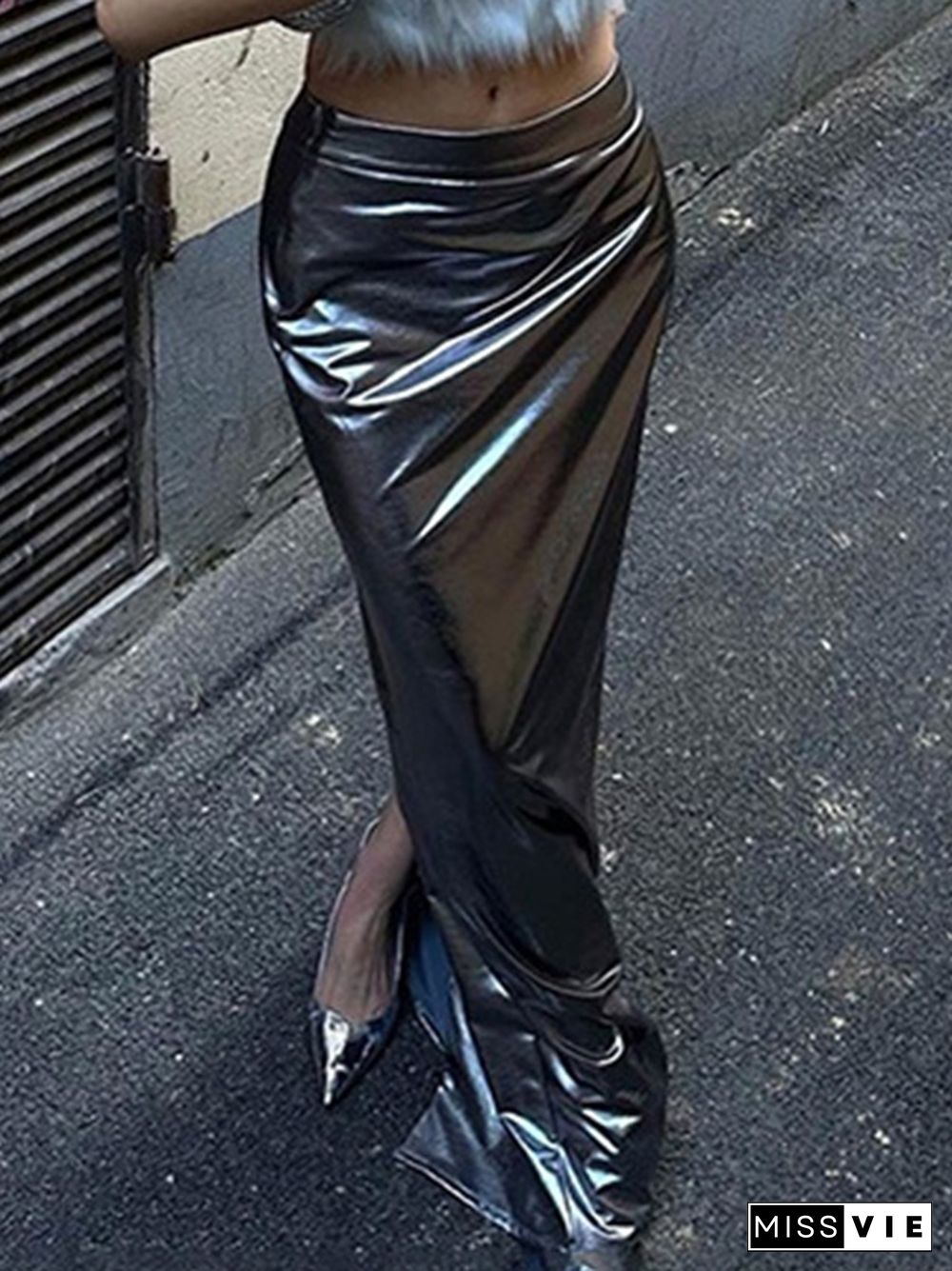 Metallic Low Waist Slim Maxi Skirt