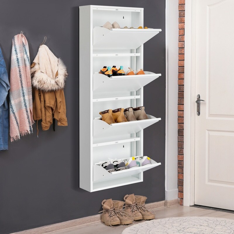 4 Drawer Shoe Cabinet， 4Tier Shoe Rack Storage Organizer， White Color - - 37926720