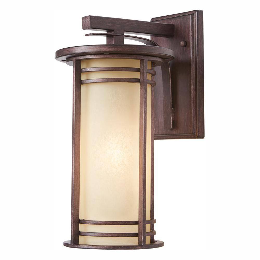 Home Decorators Collection 15 in. 1-Light Bronze Outdoor Wall Lantern Sconce with Amber Glass 16980