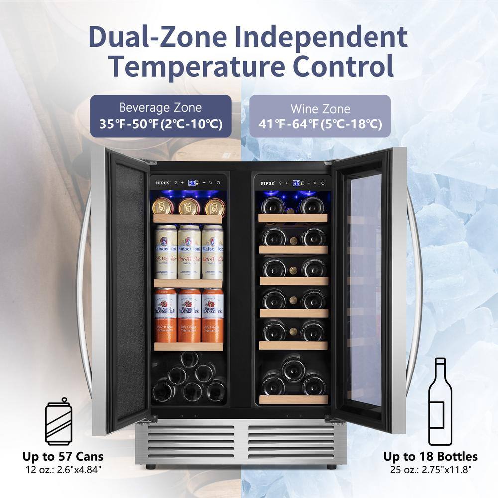 Nipus 24 in. Dual Zone 18 Wine Bottles and 57 Cans Beverage  Wine Cooler in Silver Built in and Freestanding Blue LEDs NPDUAL01