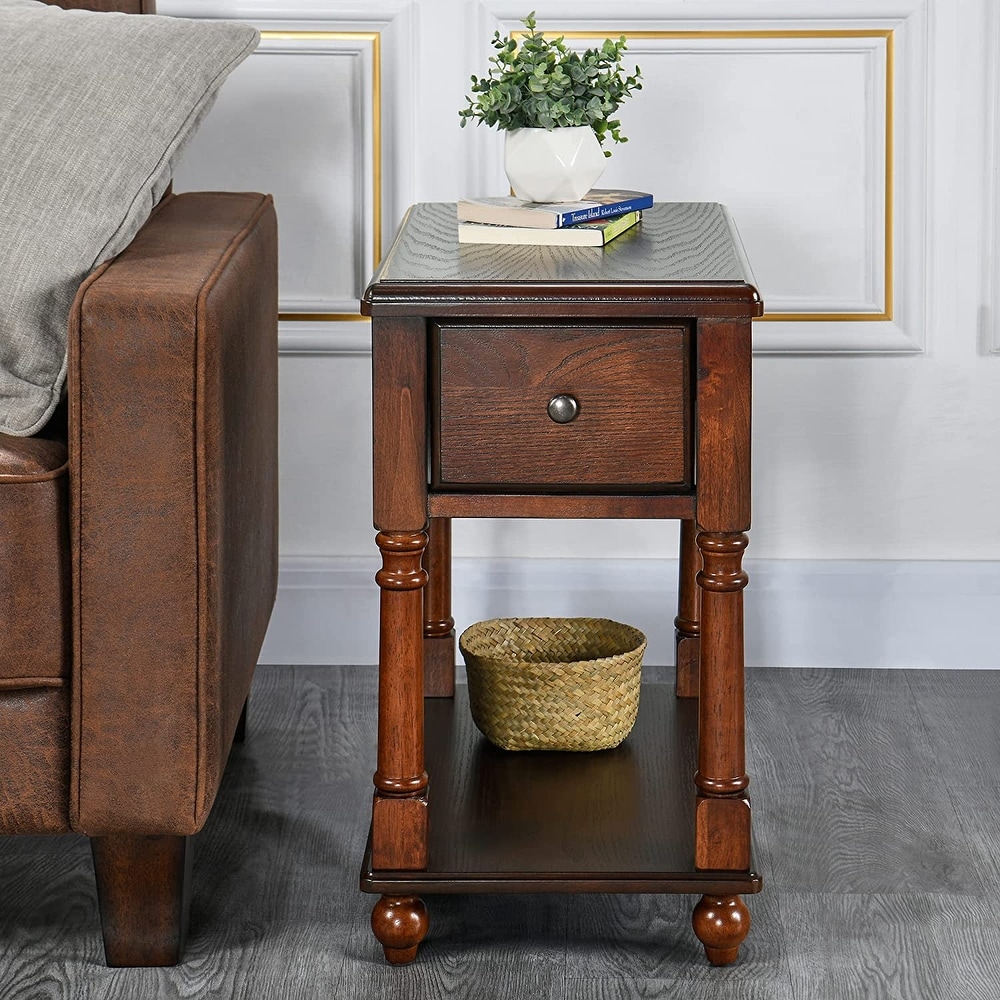 End Table with Drawer  Solid Wood 2 Tier End Side Table