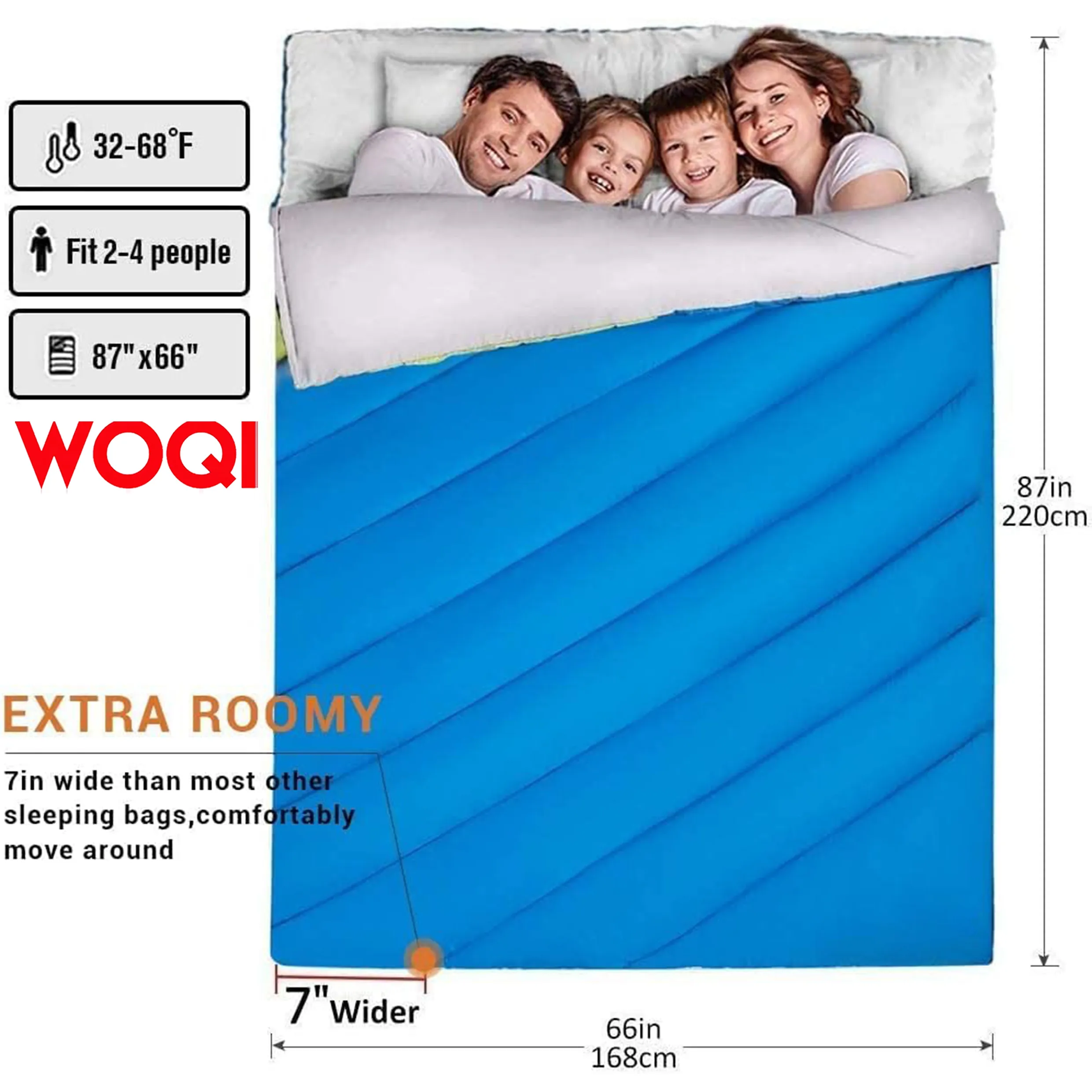 WOQI large double sleeping bag  suitable for camping  hiking  travel  with 2 pillows