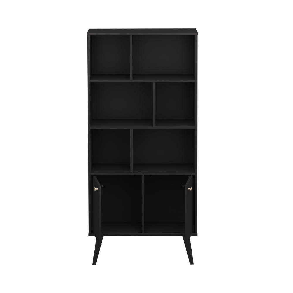 Prepac Milo Mid-Century Modern Bookcase with Inlet Shelves Two Doors and Brushed Brass-Finished Knobs Black BSBL-1418-1