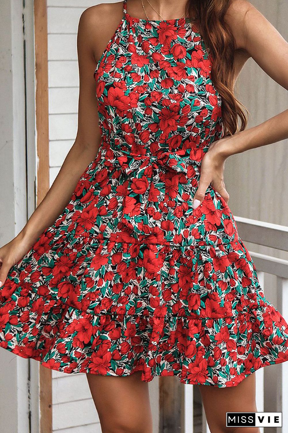 Floral Print Halter Mini Dress Wholesale