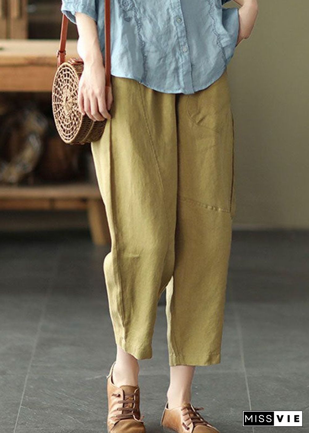 Boutique Yellow Pockets Patchwork Linen Crop Pants Summer