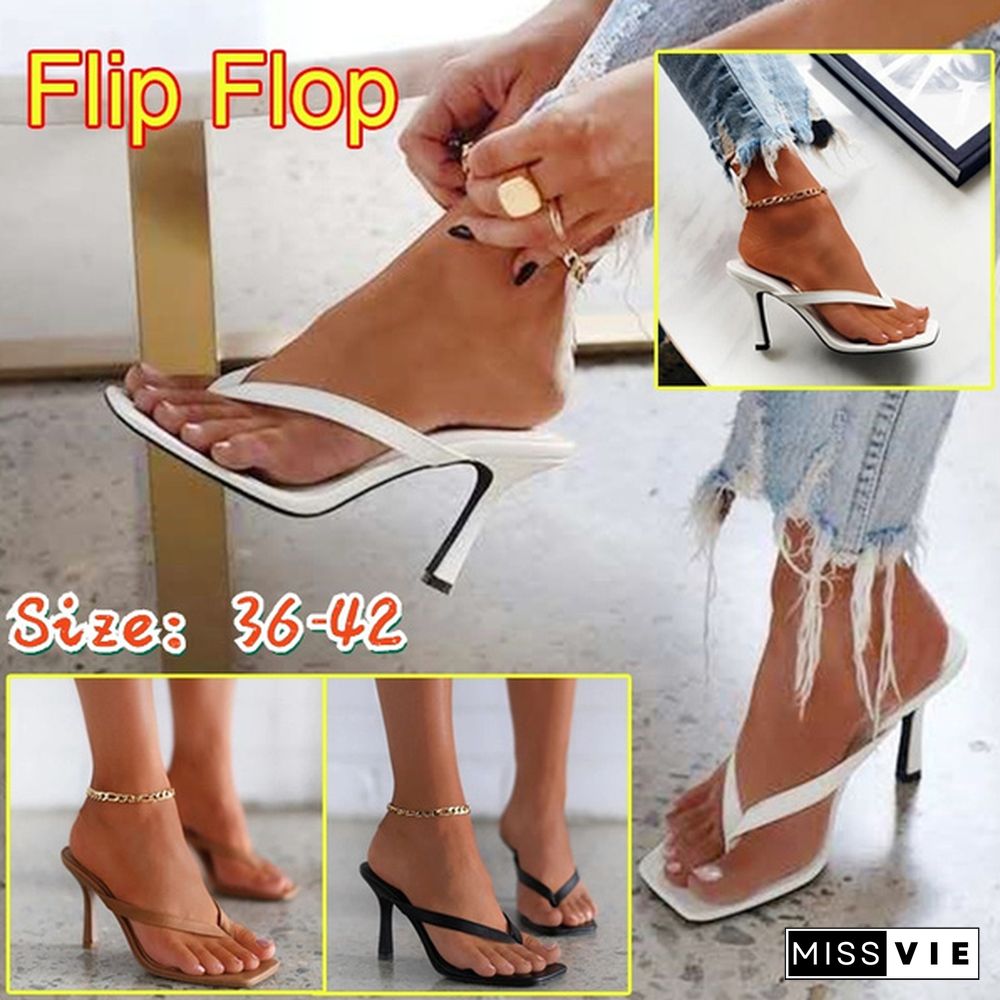 Women Summer Fashion Comfortable Casual High Heel Sandals Square Head Peep Toe Pump Flip Flops Slippers Open Toe Beach Shoes