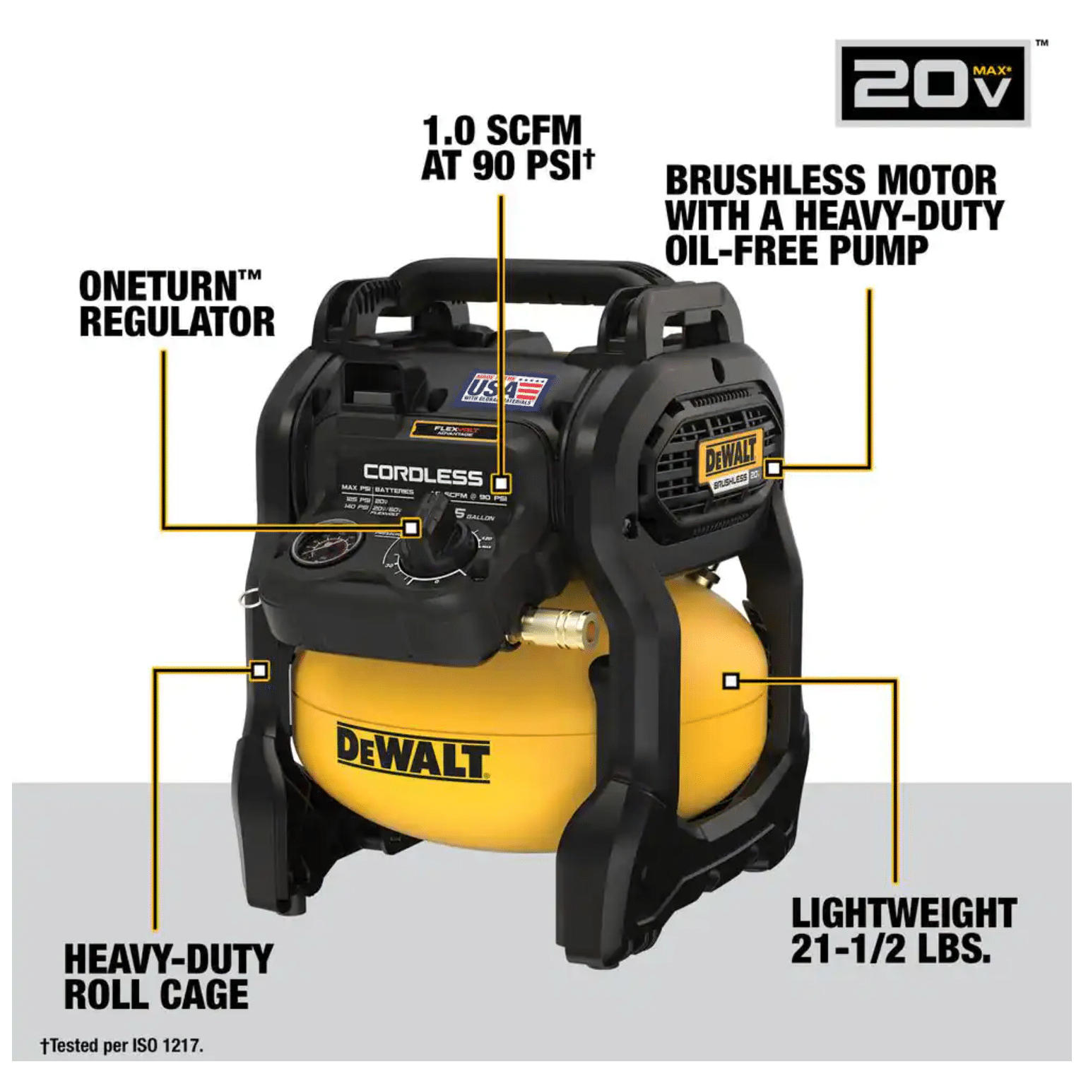 Dewalt 2.5 Gal. 140PSI Portable 20-Volt Cordless Air Compressor with Flexvolt Advantage， Tool-Only (DCC2520B)