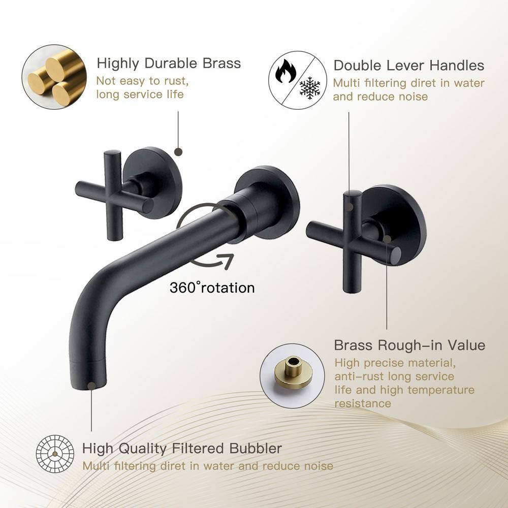 UPIKER Modern Double Handle Wall Mounted Bathroom Faucet with 3 Holes Brass Rough-in Valve in Matte Black UP2301SFB0001